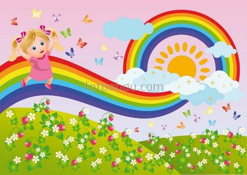 радуга, девочка, цветы, облака, разноцветный