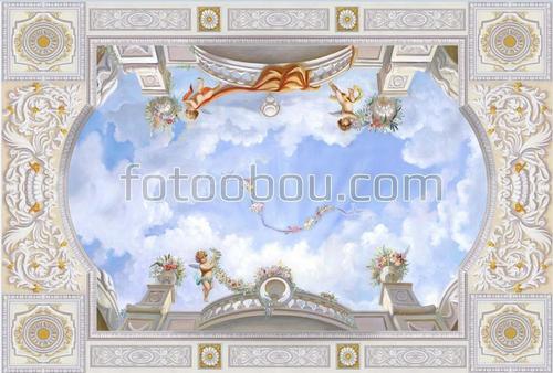 ангелы, ангелочки, небо, облака, лепнина, потолок, архитектура