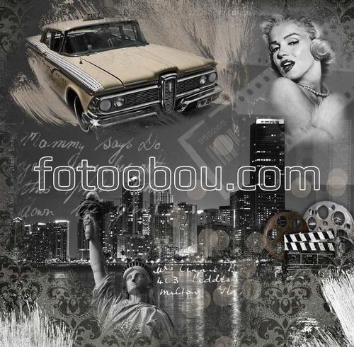 автомобиль, ночной нью-йорк, статуя свободы, мерлин монро. плакат, постер