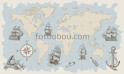 морская карта, карта мира, корабли, детская карта, карта
