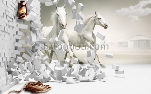 белый, конь, стена, кирпич