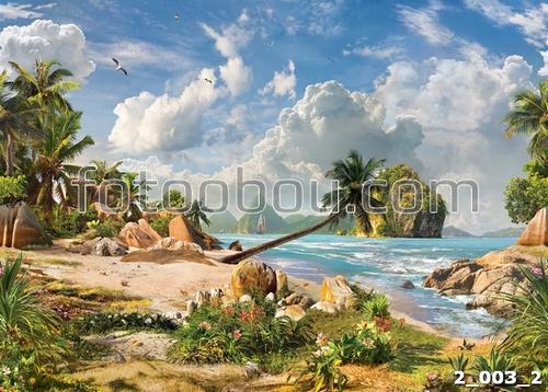 природа, остров, пальмы, песок, вода, небо, облака