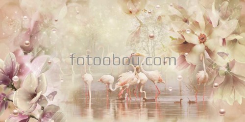 розовые фламинго, магнолии, пруд, озеро, река, жемчужины, 3д, 3d,  дизайнерские, фреска