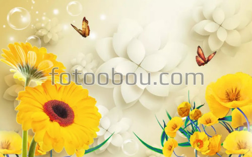цветы, орхидеи, желтые, 3д, шары, бабочки