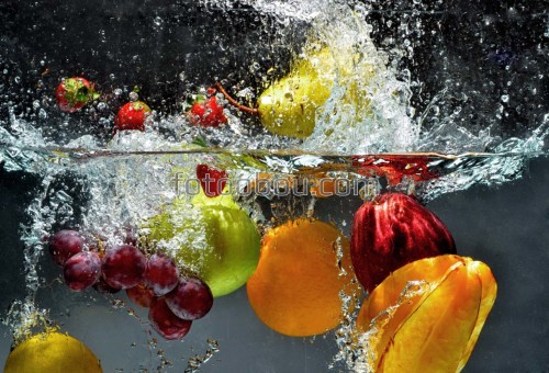 фрукты, фрукт, апельсин, виноград,клубника, яблоко, груша, вода, брызги