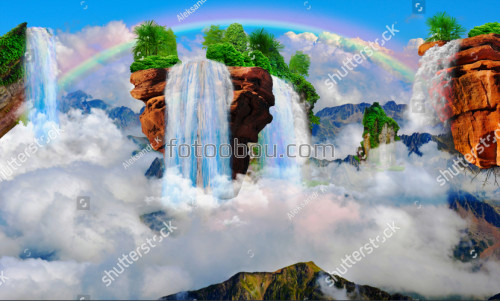 Водопады над облаками, остров, радуга, водопад, трава