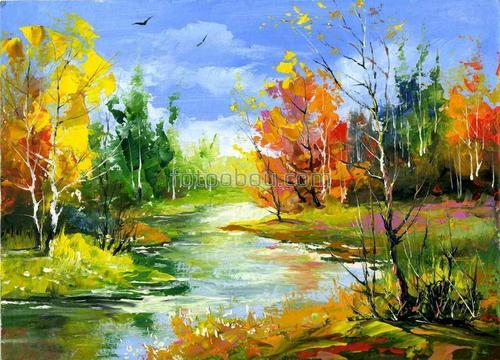 живопись, природа, река, деревья, березы, небо, птицы, осень