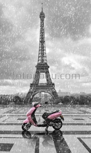 эйфелева башня, париж, франция, дождь, ливень, скутер, мотороллер