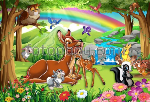бемби, мультфильм, зайки, заяц, лес, цветы, птицы