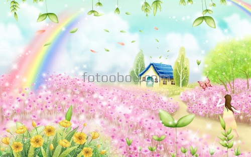 детские, поле, цветы, лес, домик, для девочек, радуга, 3д, сказка