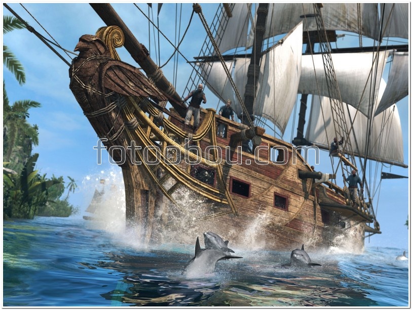 Пиратский корабль и дельфины