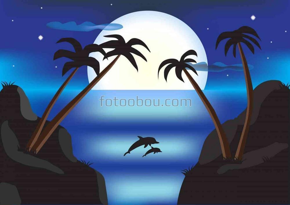 Ночной пейзаж с морем и дельфинами