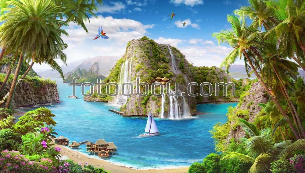 Тропический остров с водопадами