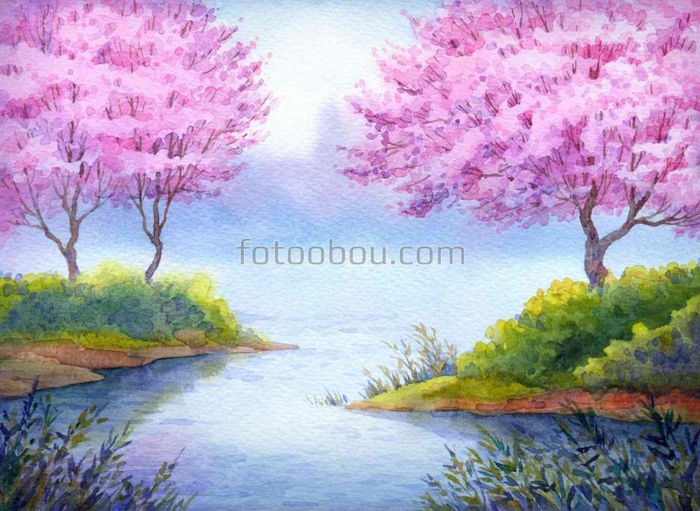 Цветущие деревья на озере
