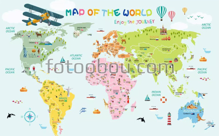 Цветная карта мира  с достопримечательностями