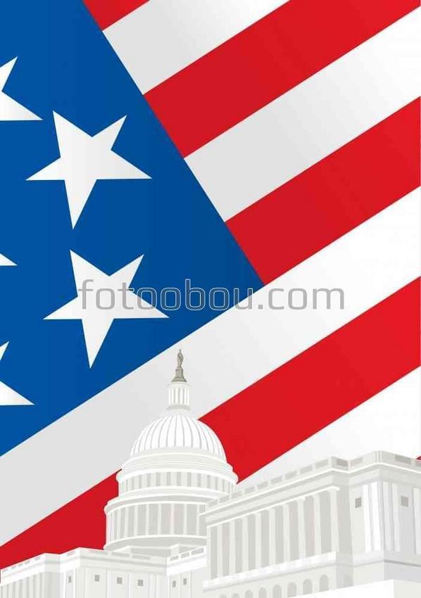Главное здание Вашингтона перед американским флагом