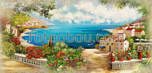 набережная, море, цветы, сад, горы, облака