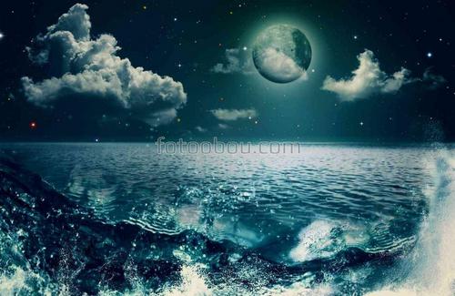 природа, море, ночь, звезды, луна