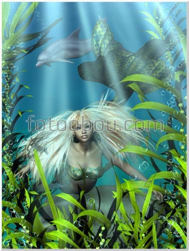 русалка, дельфин, подводный мир, вода, океан, водросли, 3Д