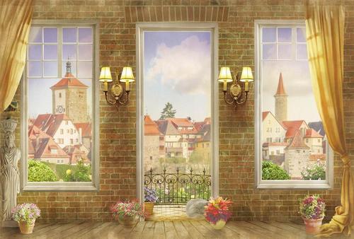 вид из окна, терраса, цветы, рисунок, живопись