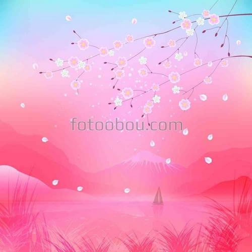 природа, пейзаж, ветки, рассвет, цветы, озеро, корабль, горы