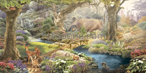 детские, река, лес, домик, водопад, звери, животные