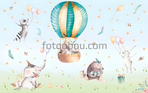 слон, медведь, заяц, енот, шар, воздушный шар, фотообои детские 