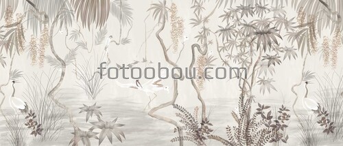 Птицы в джунглях, джунгли, аист, птицы, попугай, птицы, фреска 