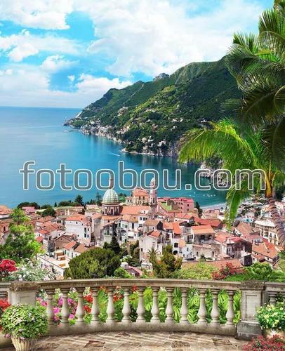 терраса, город, горы, облака,  море