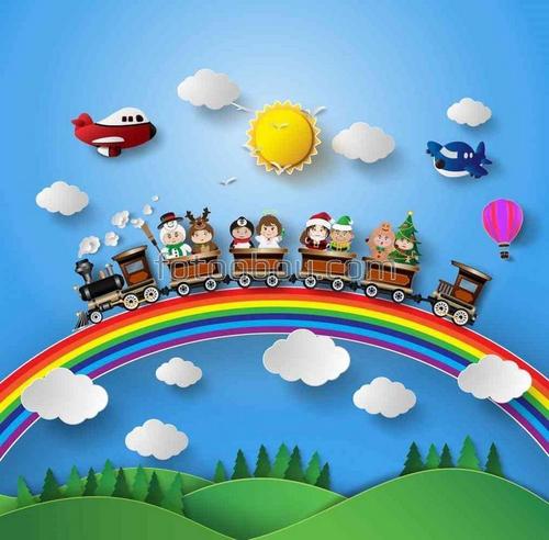 радуга, паровозик, дети, самолет, шар, солнце, елки, облака