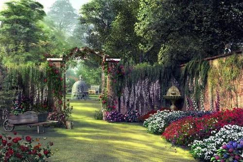 сад, беседка, цветы, ограда