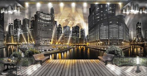 небоскребы, ночной город, набережная, терраса