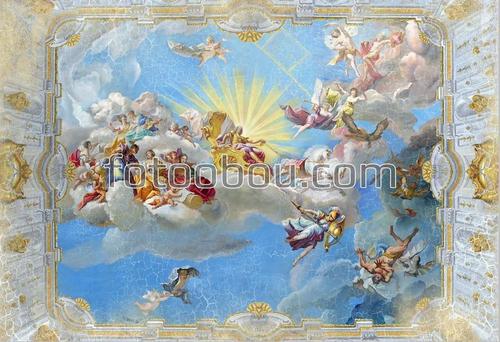 боги, фреска, небо, солнце, ангелы, облака, на потолок, колесница, кони, мифология