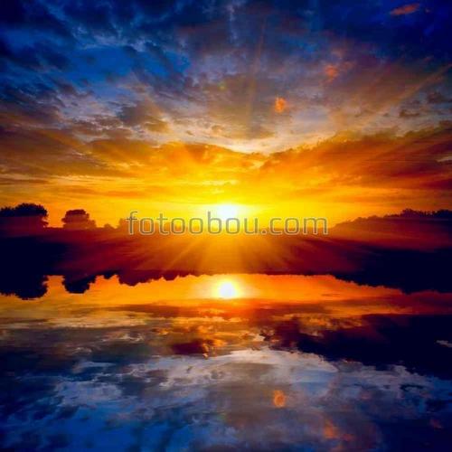 закат, природа, лучи, солнце, озеро, облака