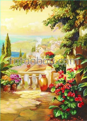 терраса, цветы, море, небо, природа, город