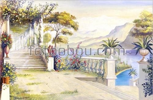 набережная, ступени, колонны, море, горы, природа