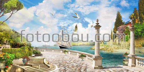 набережная, корабль, море, облака, колонны