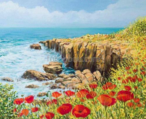 море, маки, небо, обрыв, камни
