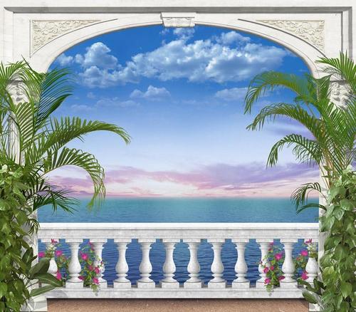 море, рассвет, арка, терраса, пальмы, природа