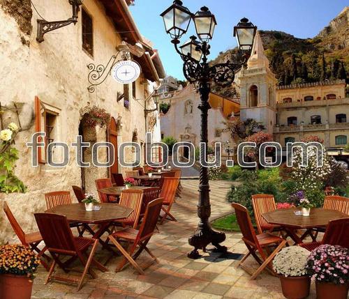 старый, город, кафе, фонарь, столики, цветы