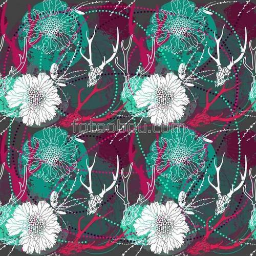 абстракция, череп, олень, цветы, фантазия