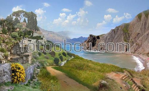 горы, море, природа, цветы, ступени, старый город