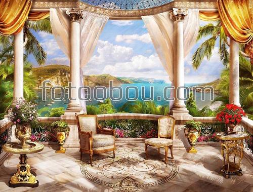 море, горы, колонны, терраса, природа