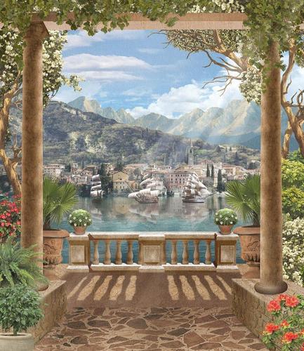 сад, терраса, парусники, горы, природа, колонны