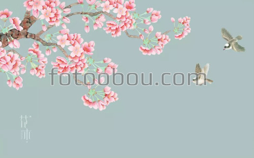 дерево, сакура, птицы, живопись, на стену, стена