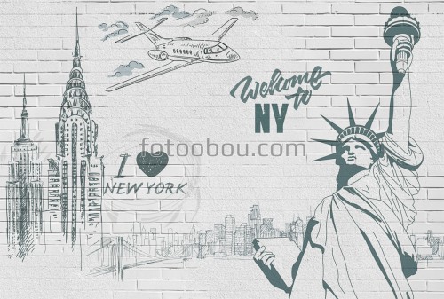 город, кирпич, стена, нью-йорк, самолет
