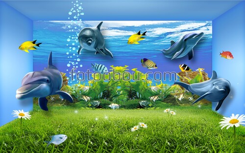 дельфины, 3д, 3d, робы, трава, дельфины, рыбки под водой