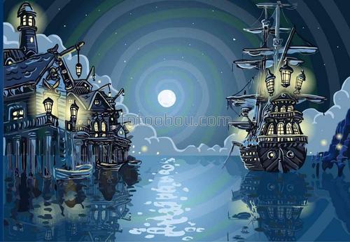 залив, бухта, море, пираты, ночь, корабль