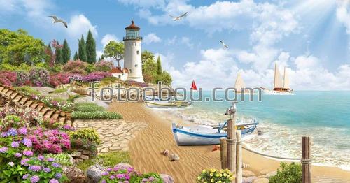 сад, море, пляж, песок, парусник, лодка, маяк