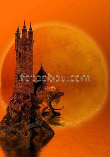 башня, драконы, тропинка, луна, полнолуние